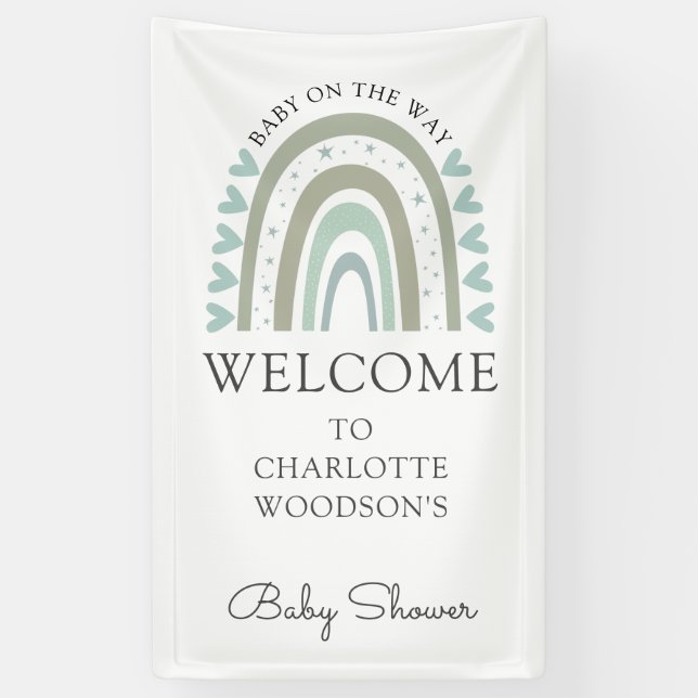 Boho Watercolor Rainbow Blue Boy Baby Shower Banner (Vertical)