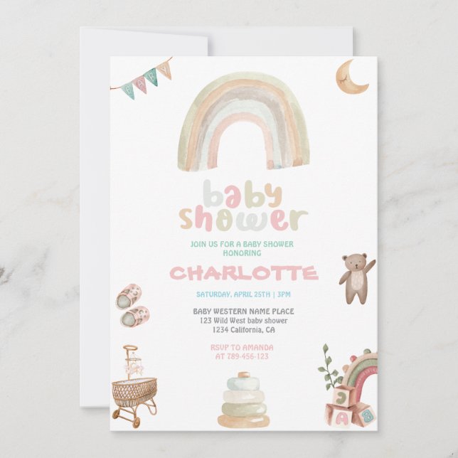 Boho Watercolor Rainbow Girl Baby Shower  Invitation (Front)
