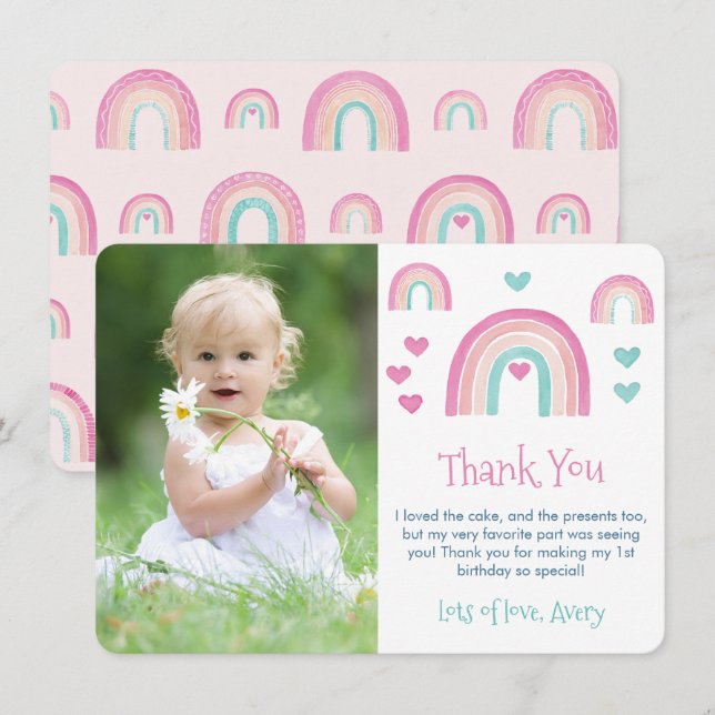 Boho Watercolor Rainbow Girl Birthday Picture Thank You Card (Front/Back)