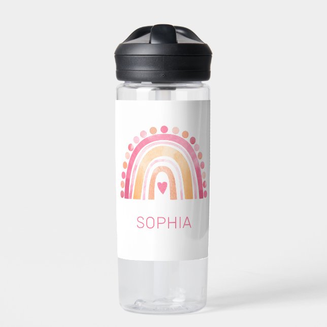 Boho Watercolor Rainbow in Pink personalized Water Bottle (Front)