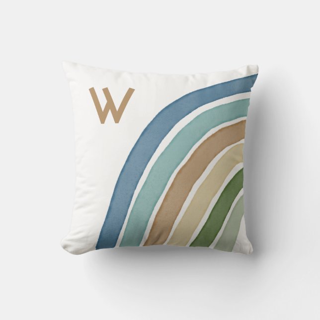 Boho Watercolor Rainbow Monogram Modern Blue Throw Pillow (Front)