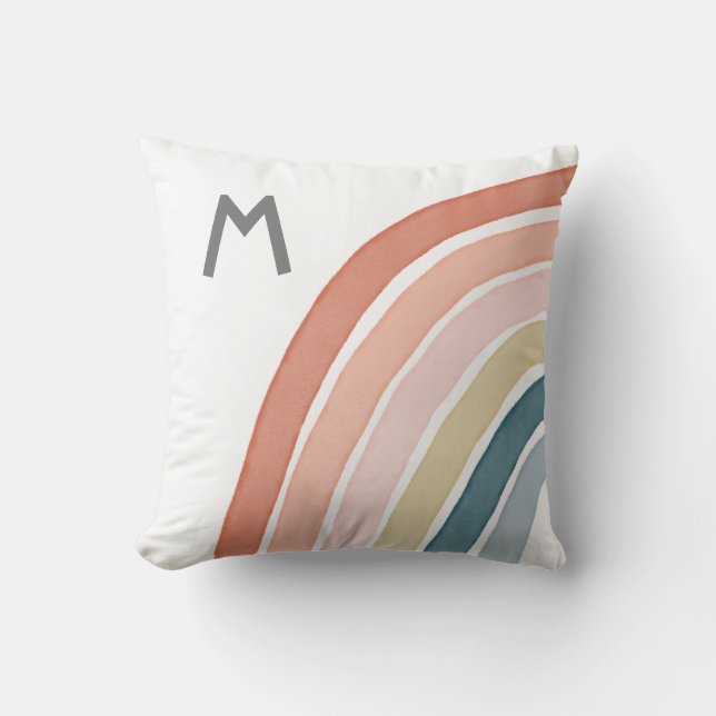 Boho Watercolor Rainbow Monogram Modern Coral Throw Pillow (Front)