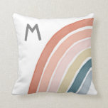 Boho Watercolor Rainbow Monogram Modern Coral Throw Pillow<br><div class="desc">This beautiful nursery or kids' throw pillow features one side of a hand painted watercolor rainbow in coral, pink, gold, teal blue, and dusty blue. A text template is included for a monogram initial. The back of the pillow is a matching solid coral colour, although the colour can be customized,...</div>