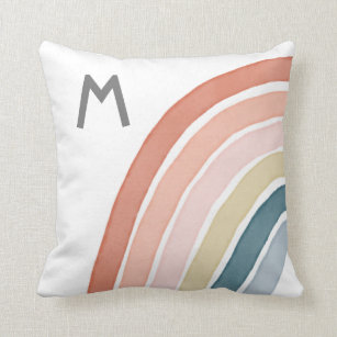 Boho Watercolor Rainbow Monogram Modern Coral Throw Pillow