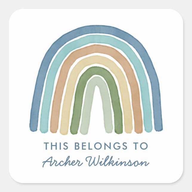 Boho Watercolor Rainbow Name School Label Blue (Front)