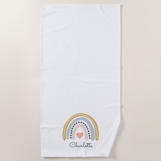 Boho Watercolor Rainbow Personalized Button Beach Towel (Front)