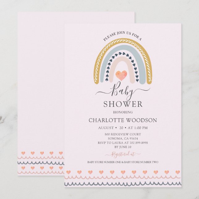 Boho Watercolor Rainbow Pink Baby Shower  Invitati Invitation (Front/Back)