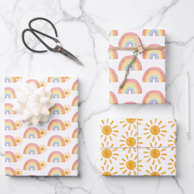 Boho Watercolor Rainbow Sun Wrapping Paper Sheet (Front)