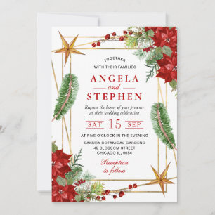 Boho Watercolor Red Poinsettia Winter Wedding Invitation