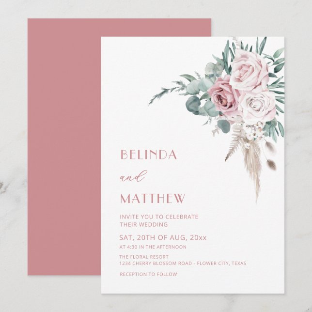 Boho Watercolor Roses Modern  Invitation (Front/Back)