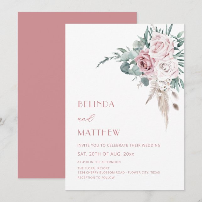 Boho Watercolor Roses Modern  Invitation (Front/Back)