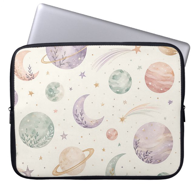 Boho Watercolor Space & Planets Seamless Pattern Laptop Sleeve (Front)