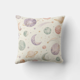 Boho Watercolor Space & Planets Seamless Pattern Throw Pillow