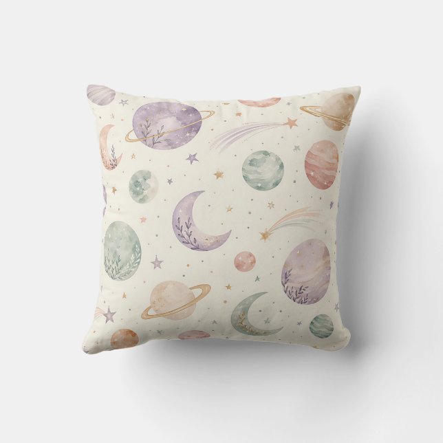 Boho Watercolor Space & Planets Seamless Pattern Throw Pillow (Back)