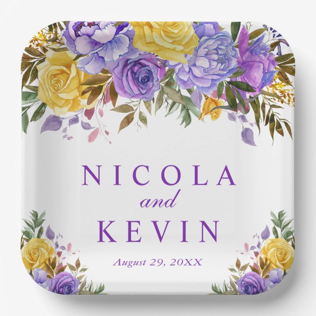 Boho Watercolor Spring Flowers Wedding Paper Plate (Front)