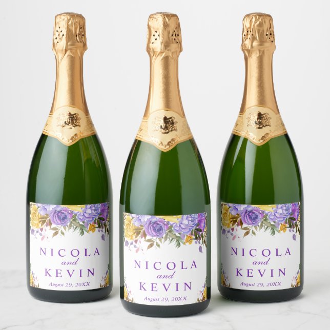 Boho Watercolor Spring Flowers Wedding Sparkling Wine Label (Bottles)