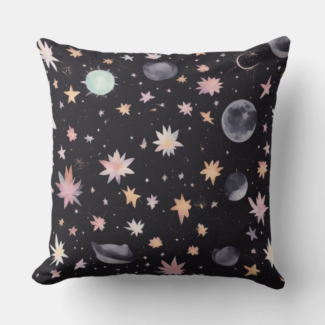 Boho Watercolor Stars and Moon Celestial Pattern  Throw Pillow (Front)