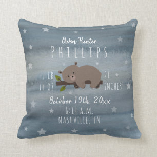 Boho Watercolor Stars Bear Cub Birth Stats Nursery Throw Pillow