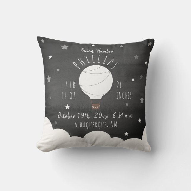 Boho Watercolor Stars Hot Air Balloon Birth Stats Throw Pillow (Front)