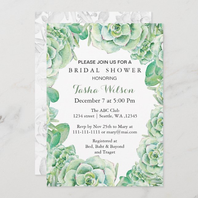 boho watercolor succulent Bridal Shower Invite (Front/Back)