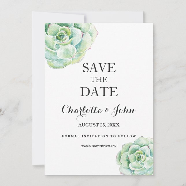 boho watercolor succulent wedding save the dates date (Front)