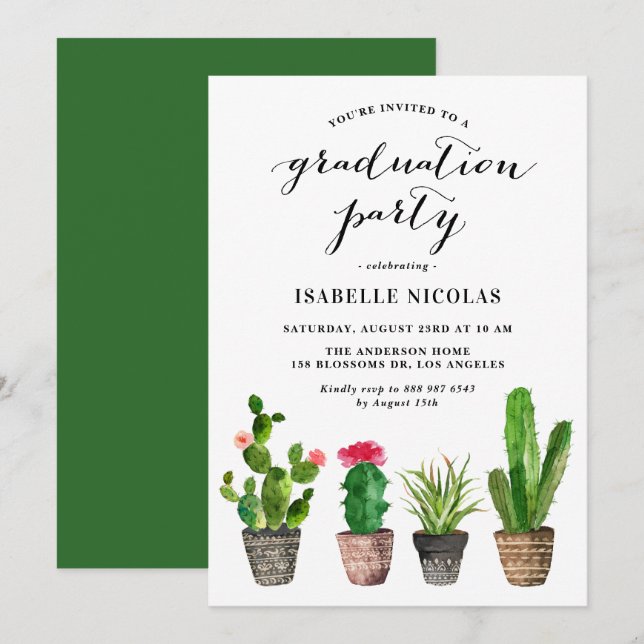 Boho Watercolor Succulents Graduation Party Invitation (Front/Back)