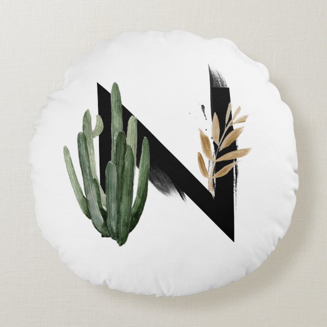 Boho Watercolor Succulents Letter H Monogram Round Pillow (Front)