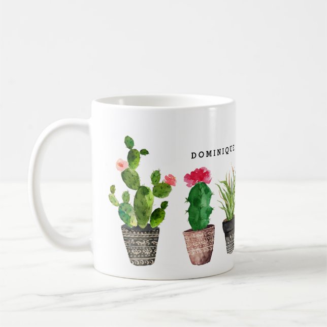 Boho Watercolor Succulents Pattern Personalized Coffee Mug (Left)