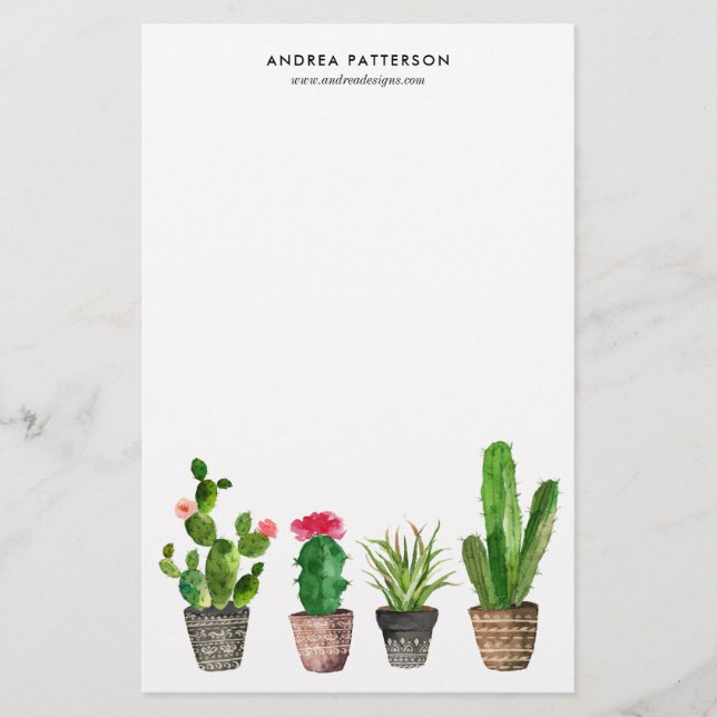 Boho Watercolor Succulents Personalized Stationery (Front)