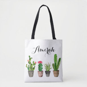 Boho Watercolor Succulents Personalized Tote Bag