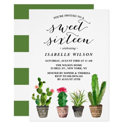 Boho Watercolor Succulents Sweet Sixteen Party Card