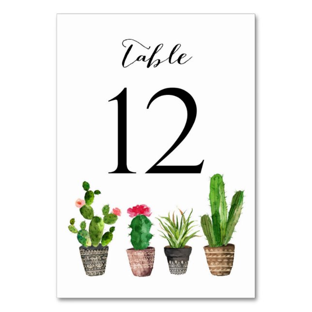 Boho Watercolor Succulents Table Numbers Card 12 (Front)