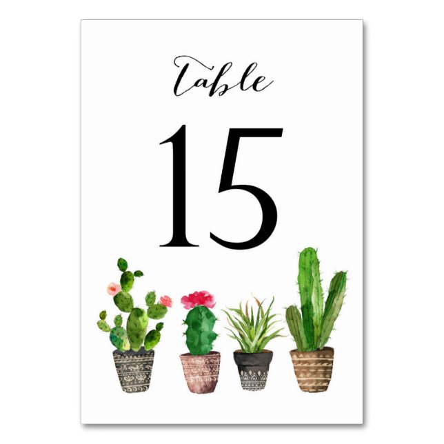 Boho Watercolor Succulents Table Numbers Card 15 (Front)