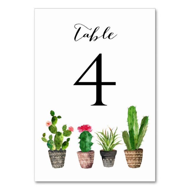 Boho Watercolor Succulents Table Numbers Card 4 (Front)