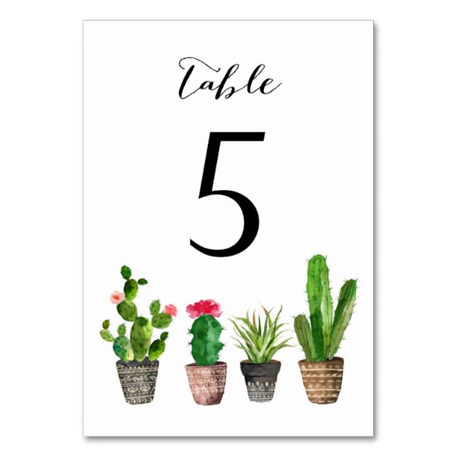 Boho Watercolor Succulents Table Numbers Card 5 (Front)