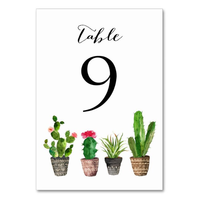 Boho Watercolor Succulents Table Numbers Card 9 (Front)
