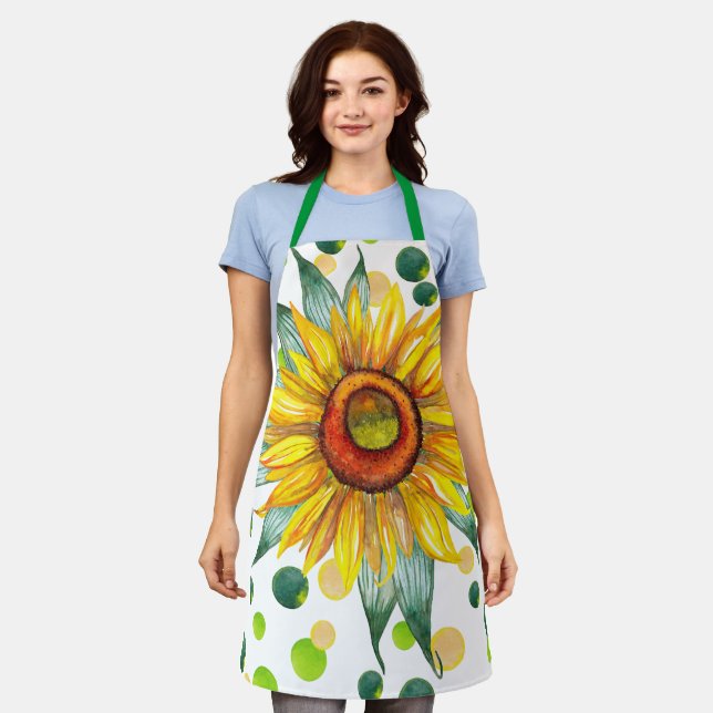 Boho Watercolor Sunflower Kitchen Apron for Women  (Worn)
