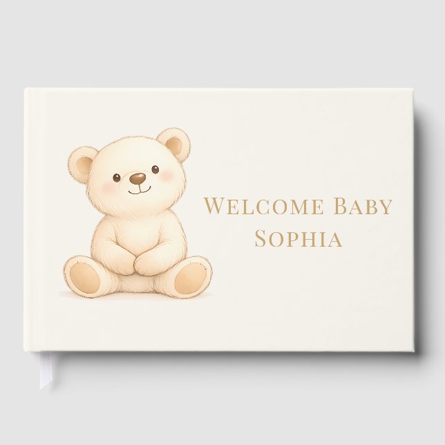 Boho Watercolor Teddy Bear Welcome Baby Shower Guest Book (Front)