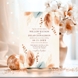 Boho Watercolor Terracotta Beige Blue Pampas Grass Invitation