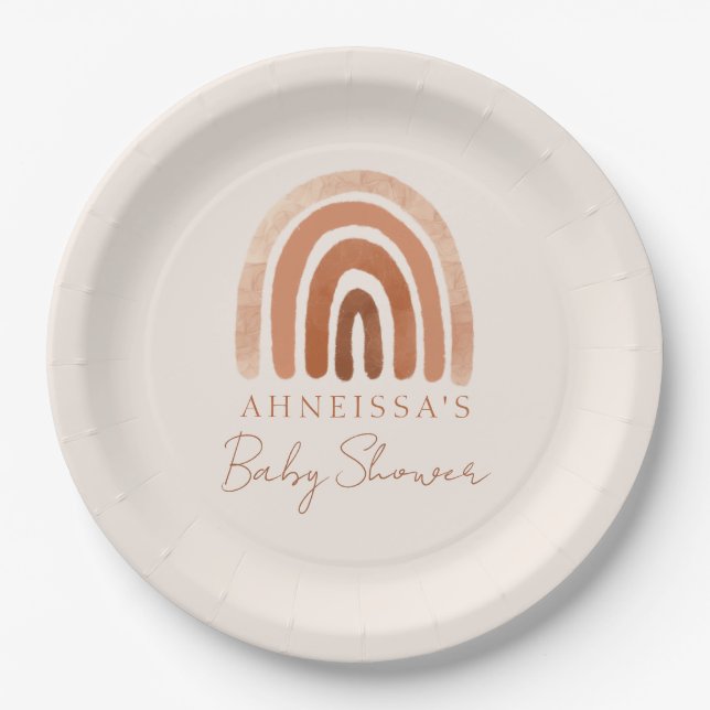 Boho Watercolor Terracotta Rainbow Baby Shower Paper Plate (Front)