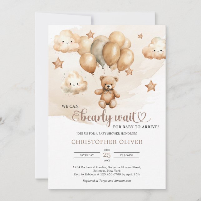 Boho watercolor terracotta teddy bear balloons invitation (Front)