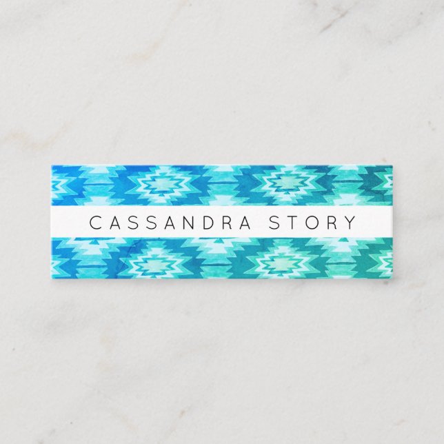 Boho Watercolor Tie-Dye Pattern Aqua Blue Mini Business Card (Front)