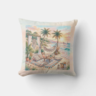 Boho Watercolor Tropical Beach Sunset Picnic Throw Pillow