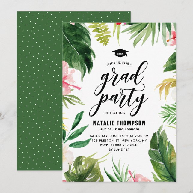 Boho Watercolor Tropical Floral Frame Graduation Invitation (Front/Back)