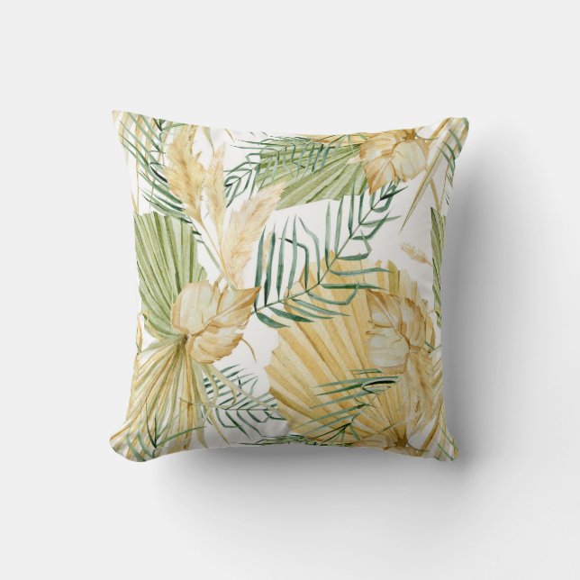 Boho Watercolor Tropical Leaves and Pampas Grass Throw Pillow (Front)