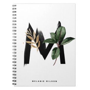 Boho Watercolor Tropical Leaves Letter M Monogram Notebook