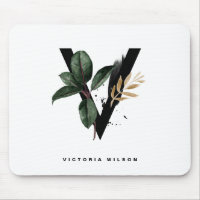 Boho Watercolor Tropical Leaves Letter V Monogram