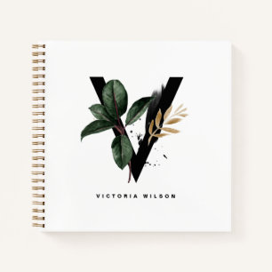 Boho Watercolor Tropical Leaves Letter V Monogram Notebook
