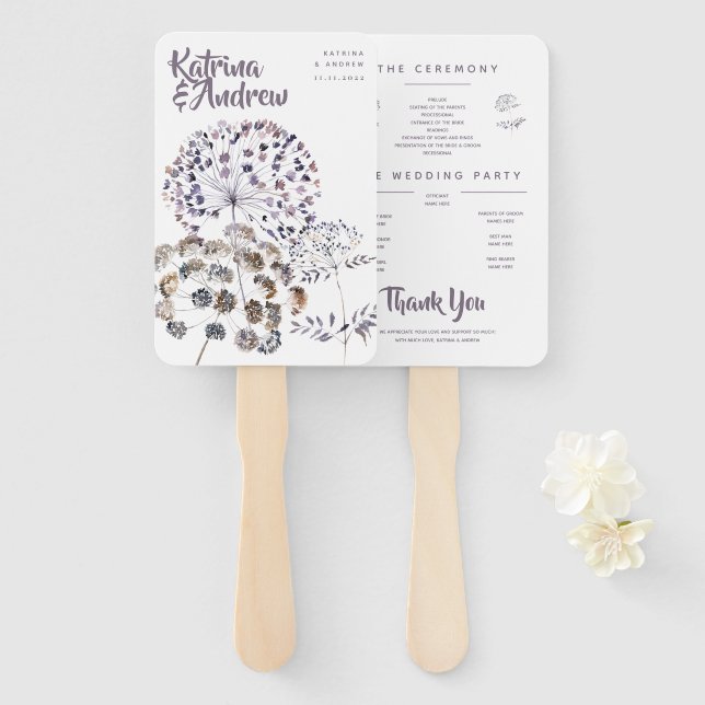 Boho Watercolor Wedding Program Fans (Front and Back)