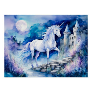 Boho Watercolor White Unicorn Near Old Castle Poster